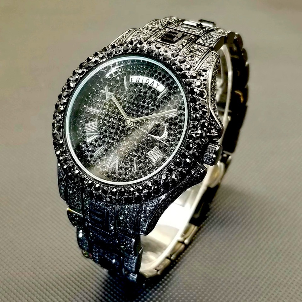 NEW Black Bling Hip Hop Watch. Day/Date Displays. Flashy Crystals.